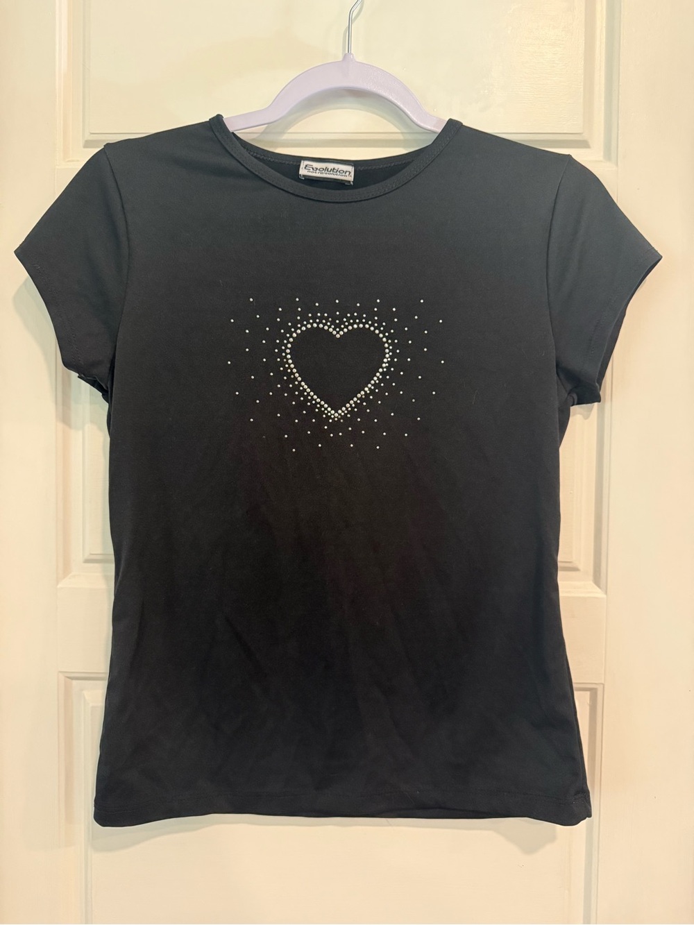 Evolution Black Rhinestone Heart Short Sleeve Tee Size S Soft Stretch Top